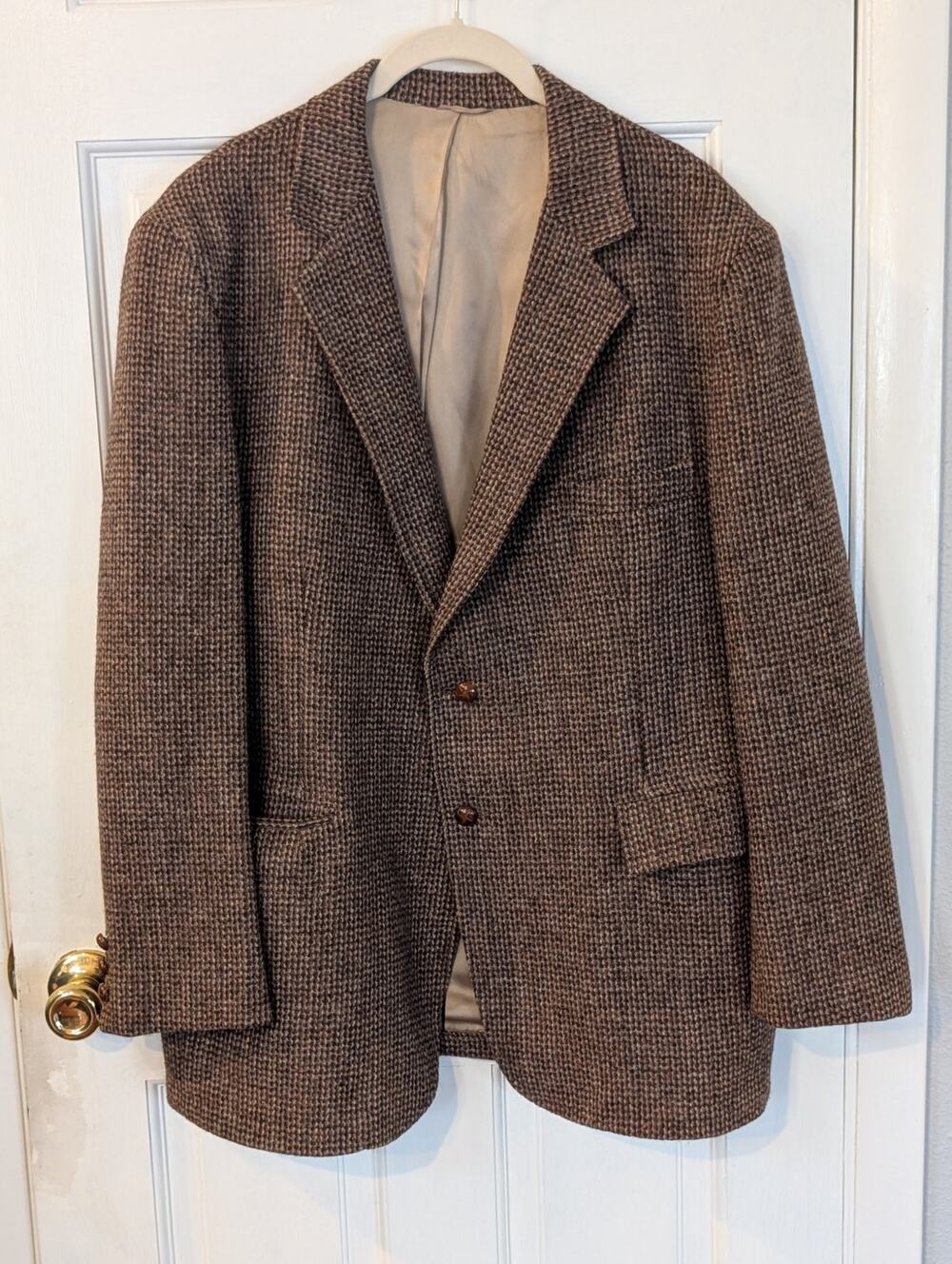 Vintage Harris Tweed Plaid Sport Coat Blazer 46R 2-Button Brown Blue